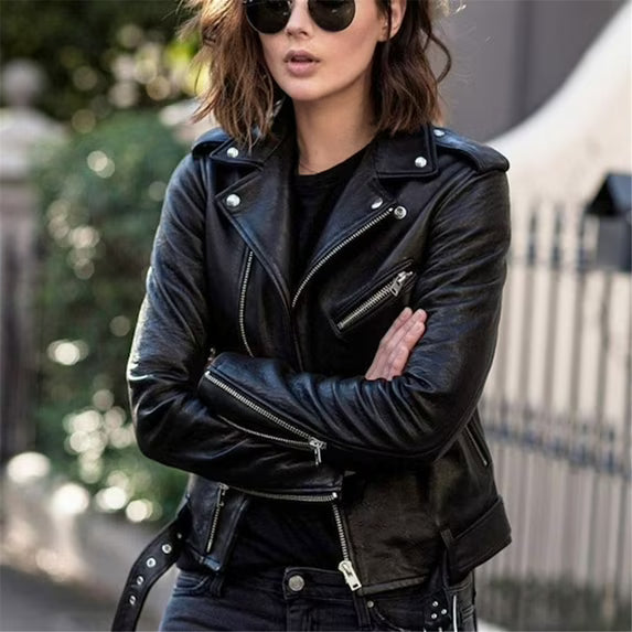 Women Cool Faux Leather Jacket Long Sleeve Zipper Fitted Coat
