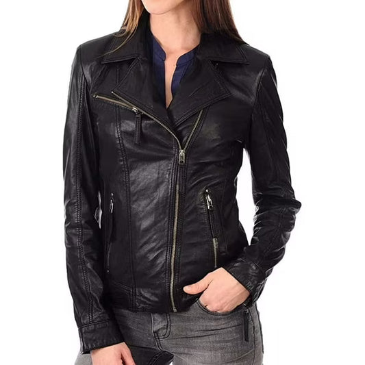 Women Leather Jacket - Lambskin Winter Vintage Black Color Motorcycle Biker Jacket